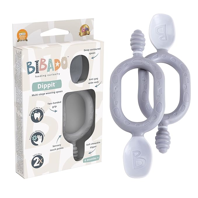 Bibado - Dippit Baby Spoon and Dipper, Mist (2-Pack) - Soft, Chewable Dipper & Deep Spoon - Two-Hand, Sensory Grip - Toddler Utensils - Baby Led Weaning Supplies - Baby Essentials - 6 Months+