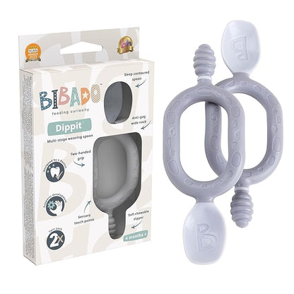 Bibado - Dippit Baby Spoon and Dipper, Mist (2-Pack) - Soft, Chewable Dipper & Deep Spoon - Two-Hand, Sensory Grip - Toddler Utensils - Baby Led Weaning Supplies - Baby Essentials - 6 Months+