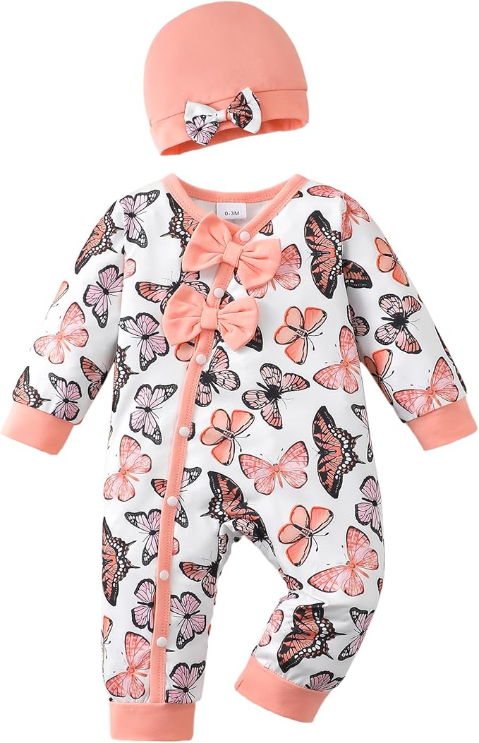 Mioglrie Newborn Baby Girl Clothes Long Sleeve Romper Infant Fall Winter Outfits Floral Hat Jumpsuit Preemie Girl Clothes