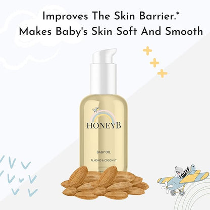 HoneyB Soothing Baby Oil with Almond & Coconut Oils for Increased Hydration - Clean and Plant-Based Baby Coconut Oil for Newborn, Baby Massage Oil, Coconut Baby Oil, 4oz