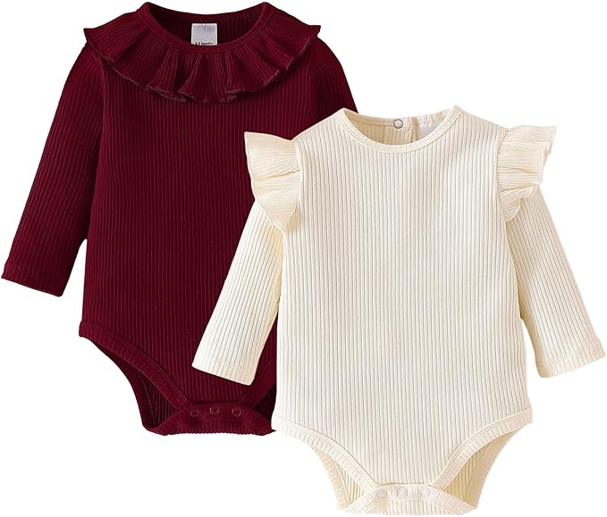 ROMPERINBOX Baby Girl Bodysuit 2 Pack, Long Sleeve Ribbed Knitted Onsies Ruffle Collar and Flutter Sleeve Fall Winter Clothes