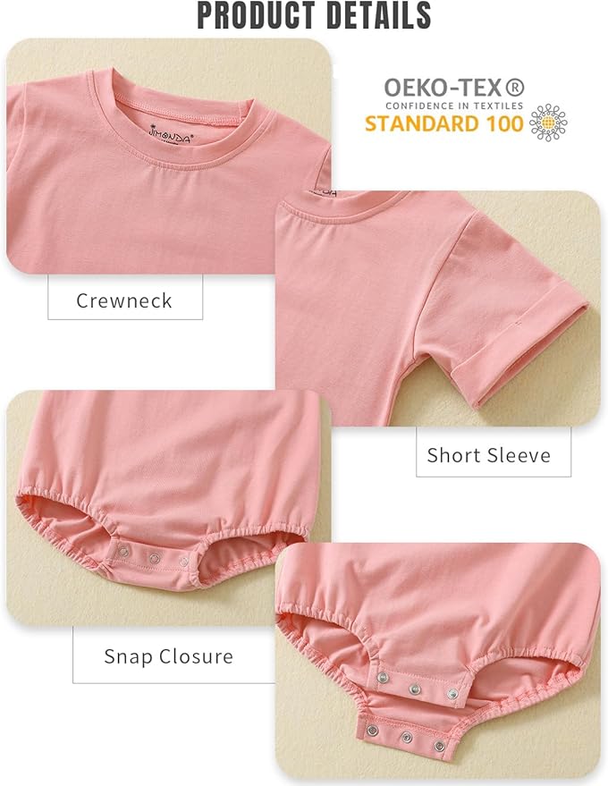 Jimonda Baby Boy Girl Bubble Romper Solid Color Bodysuit Short Sleeve Organic Cotton T-Shirt