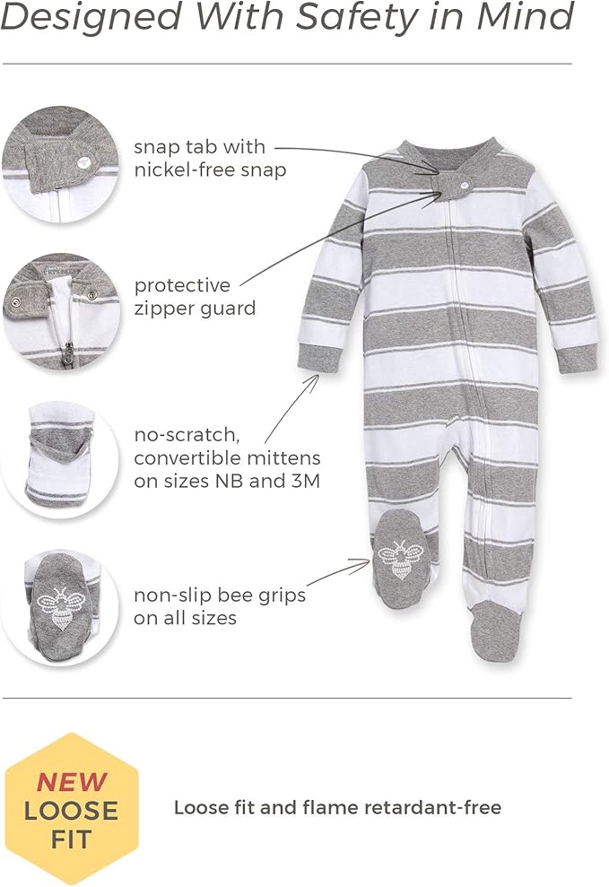 Burt's Bees Baby Boys Sleep and Play PJs, 100% Organic Cotton One-Piece Zip Front Romper Jumpsuit Pajamas