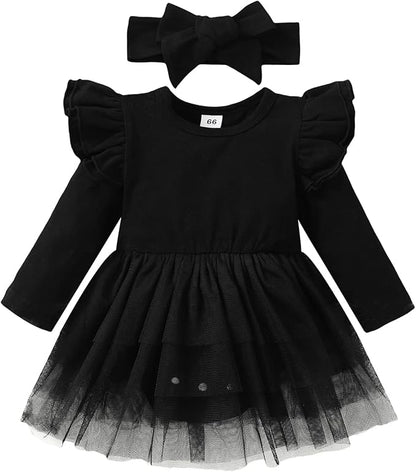 Baby Girl Clothes Infant Ruffle Sleeve Romper Dress Newborn Solid Tutu Skirt Sets Jumpsuit Headband Outfit