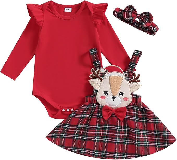 Hnyenmcko Newborn Baby Girl Christmas Clothes Infant Red Plaid Romper Dress Ruffle Long Sleeve Ribbed Bodysuit Headband Set