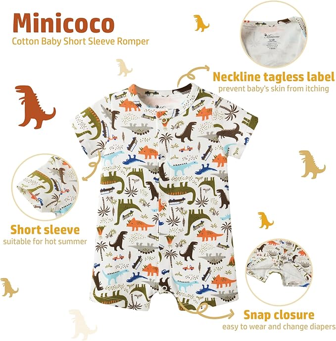 3-Pack 100% Cotton Baby Boy Rompers,0-24Months Short Sleeve Toddler Romper,Breathable Spring/Summer Clothes