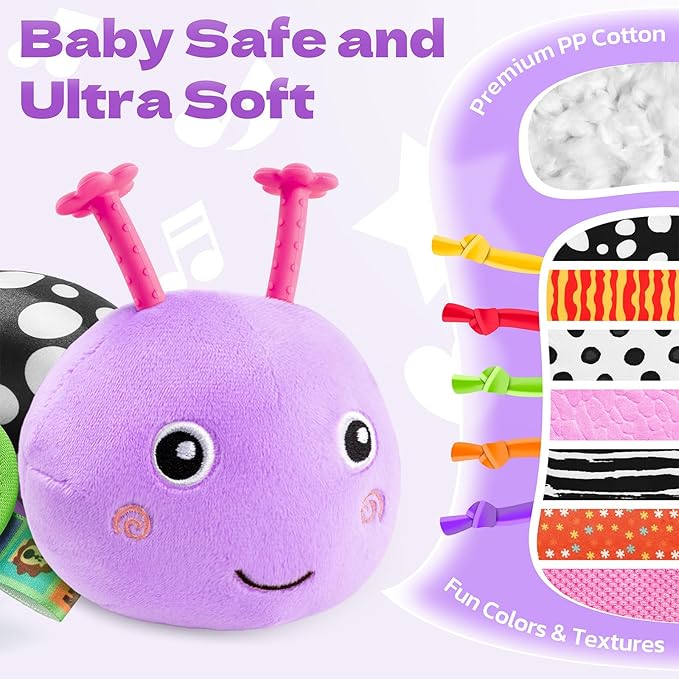 HEMRLY Baby Sensory Toy 0-6 Months, Musical Stuffed Caterpillar Plush with Teether, Crinkle, Rattle, Baby Mirror for Tummy Time,Infant Car Seat Toy for 0-3-6-12 Month Boys Girls Gifts- Knotted Purple