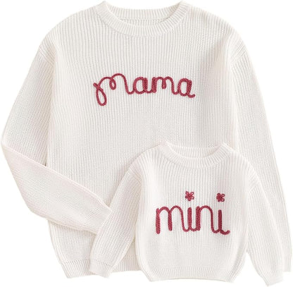 Mommy and Me Sweater Matching Family Outfit Long Sleeve Knit Sweater Pullover Mom and Baby Clothes