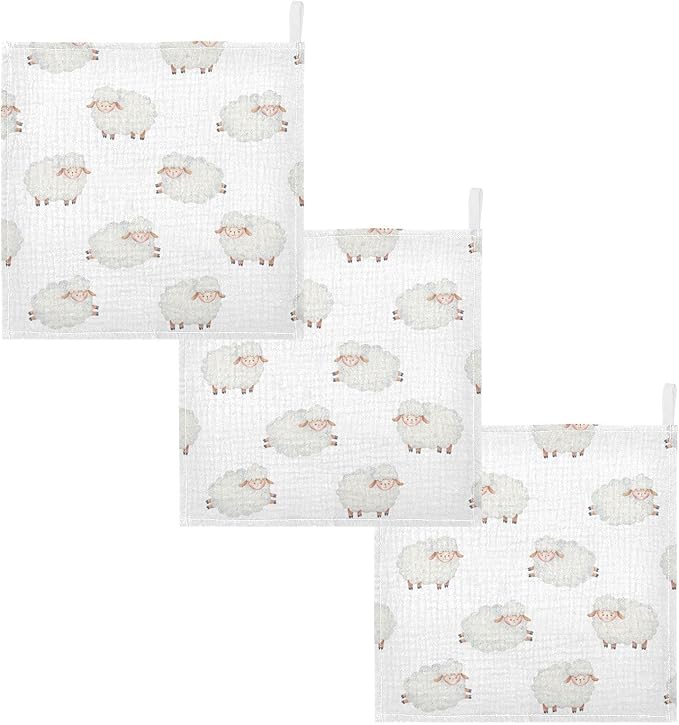 vvfelixl Cotton Cute Curly Lamb Baby Muslin Washcloths Soft Face Towel for Newborns, 11.8 X 11.8 Inch, 3 Pack White