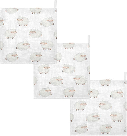vvfelixl Cotton Cute Curly Lamb Baby Muslin Washcloths Soft Face Towel for Newborns, 11.8 X 11.8 Inch, 3 Pack White