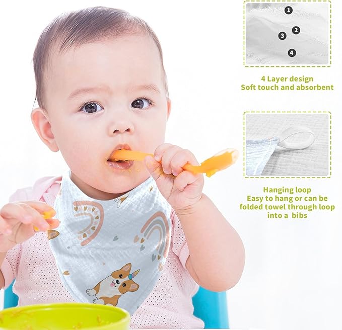 vvfelixl Baby Muslin Washcloths Corgi Hearts Rainbows Baby Burp Cloths Cotton Baby Face Towel for Newborn Infants Boys Girls Soft and Absorbent 11.8 X 11.8 in, 3 Pack
