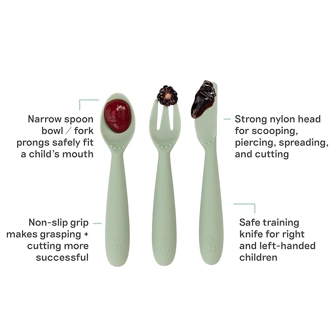 ezpz Happy Utensils (Sage) - 24 Months+ - BPA Free Toddler Utensils - Fork, Spoon and Knife for Toddlers and Preschoolers - Kids for Self-Feeding Development