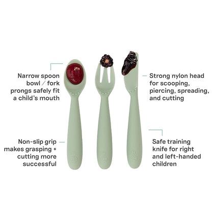 ezpz Happy Utensils (Sage) - 24 Months+ - BPA Free Toddler Utensils - Fork, Spoon and Knife for Toddlers and Preschoolers - Kids for Self-Feeding Development