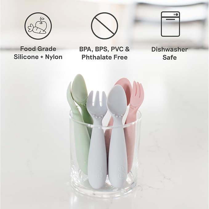 ezpz Mini Utensils - 12 Months+ (Fork & Spoon in Blue) - 100% BPA Free Fork and Spoon - Toddler Utensils - Designed by a Pediatric Feeding Specialist