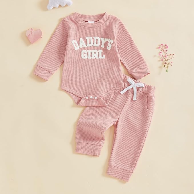 BULINGNA Newborn Baby Clothes Girl Outfit Romper Long Sleeve Daddy Girl Baby Clothes Onesie Jumpsuit Pants Infant Waffle
