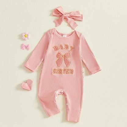 WZTYYDS Newborn Baby Girl Clothes Ribbed Romper Print Long Sleeve Jumpsuits Bow Headband Set Infant One-piece Outfits