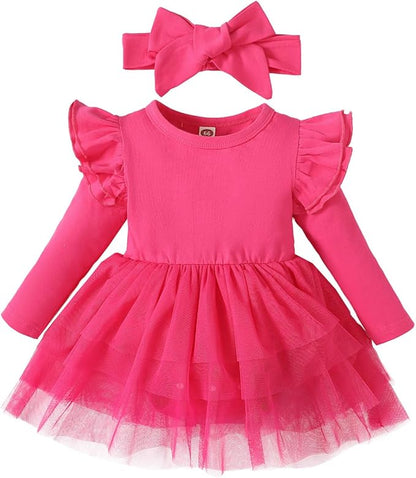 Baby Girl Clothes Infant Ruffle Sleeve Romper Dress Newborn Solid Tutu Skirt Sets Jumpsuit Headband Outfit