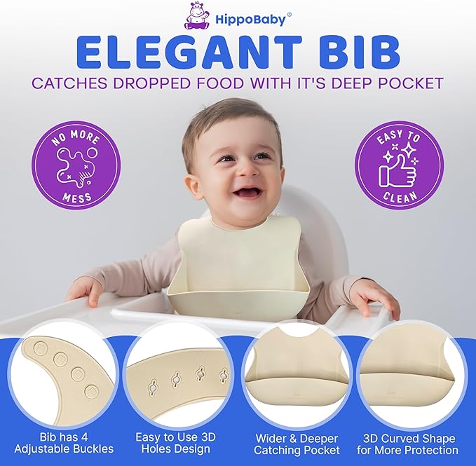 Baby Led Weaning Supplies | 10 Piece Silicone Baby Feeding Set | Baby Toddler Bib Cup Divided Plate and Bowl Self Feeding Spoons Dish Set | Baby Utensils | Toddler Feeding Supplies (Cream)