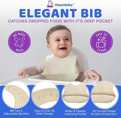 Baby Led Weaning Supplies | 10 Piece Silicone Baby Feeding Set | Baby Toddler Bib Cup Divided Plate and Bowl Self Feeding Spoons Dish Set | Baby Utensils | Toddler Feeding Supplies (Cream)