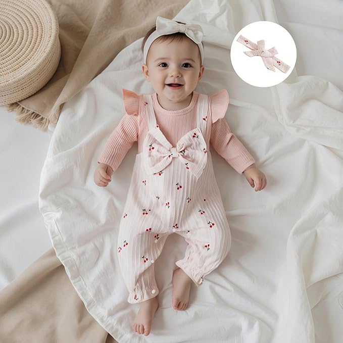 Infant Baby Girl Fall Outfit Romper Cherry Print Fake Two Pieces Patchwork Bow Jumpsuit Newborn Winter Clothes