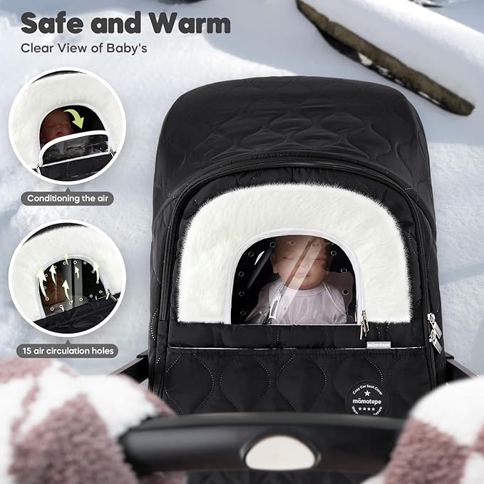 Winter Baby Car Seat Cover, Waterproof, Windproof Warm Fleece Breathable with Full Zipper for Newborn Car Seat, Black