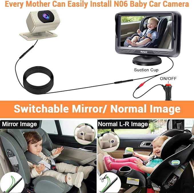 Rohent Car Baby Monitor with Camera - 1080P HD, 360° Adjustable, Night Vision, 150° Wide-Angle Lens, Easy Installation, Perfect Match for Beige Car Interiors, Ideal for Parents & Families