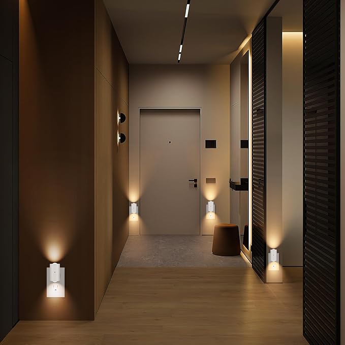 4 Pack Mini LED Night Light, Dimmable Plug-in Wall Light with Dusk to Dawn Auto On/Off, 180° Rotating Head, 3000K Soft White, 0-200 LM for Nursery, Hallway, Bathroom