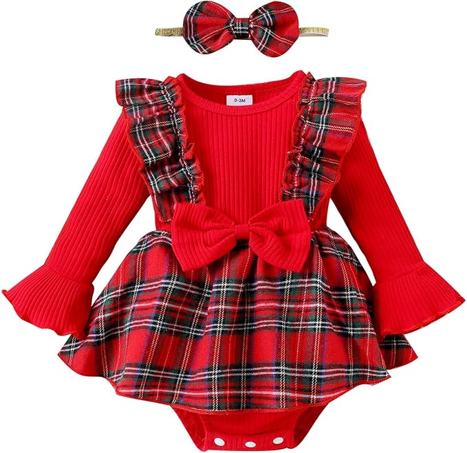 Newborn Christmas Outfit Baby Girl Plaid Romper Dress Infant Ruffle Long Sleeve Ribbed Bodysuit Headband Clothes