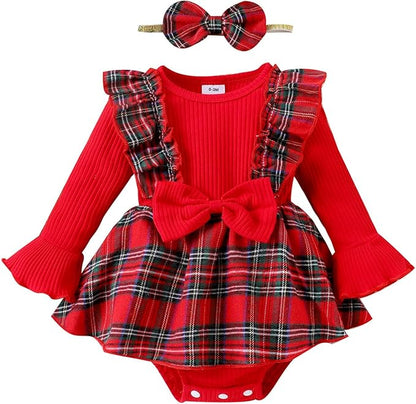 Newborn Christmas Outfit Baby Girl Plaid Romper Dress Infant Ruffle Long Sleeve Ribbed Bodysuit Headband Clothes