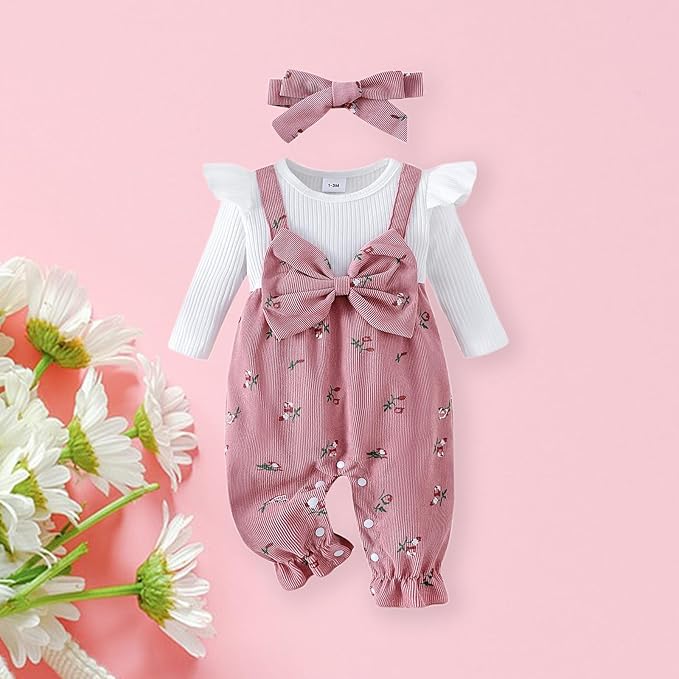 Newborn Baby Girl Clothes Corduroy Floral Bow O Neck Long Sleeve Romper Infant Jumpsuit Cute Outfits Headband