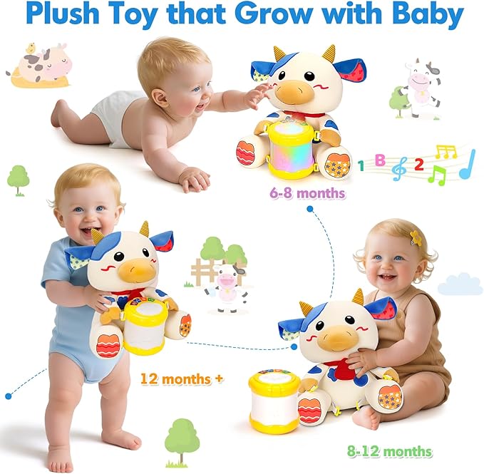 Baby Toys 6-12 Months, Cow Musical Plush with Lights, ABCs, Animal Sounds, Numbers, Infant Early Learning Toy,Christmas Birthday Gifts for 6+ Month Boys &Girls
