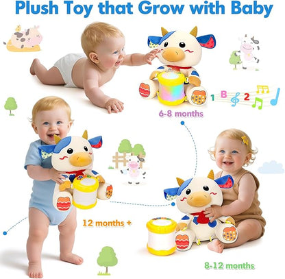 V-Opitos Stuffed Cow Musical Toys for Baby 6-12 Months+, Early Learning Light up Music Drum, Perfect Christmas Birthday Gifts for Boy & Girl Age 1, 2 Years Old