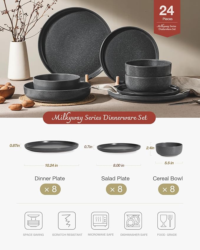 Famiware Milkyway Plates and Bowls Sets, 24 Pieces Dinnerware Sets, Reactive Glaze Dish Set, Stoneware Dishes Set for 8, Matte Dark Charcoal