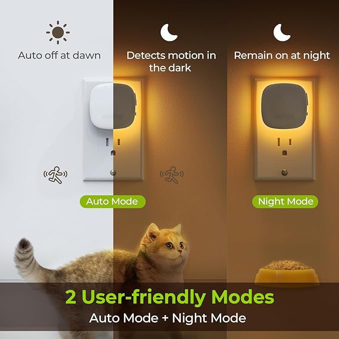 AUVON Plug-in LED Backlit Night Light with Motion Sensor & Dusk to Dawn Sensor, Dimmable Amber Nightlight with 1-50 lm Adjustable Brightness for Bedroom, Bathroom, Stairs, Hallway (4 Pack)