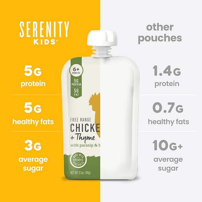 Serenity Kids 6+ Months Chicken Baby Food Pouches - 5g Protein With Organic Chicken - No Added Sugar & Veggie Pouches - On-The-Go Baby Meals - 3.5 Oz, 12 Pack
