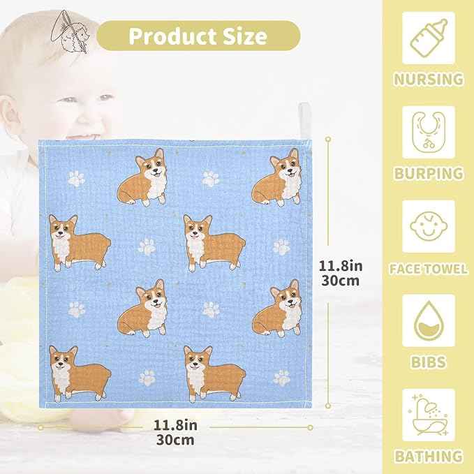 vvfelixl Baby Muslin Washcloths Corgi Paws Baby Burp Cloths Cotton Baby Face Towel for Newborn Infants Boys Girls Soft and Absorbent 11.8 X 11.8 in, 3 Pack