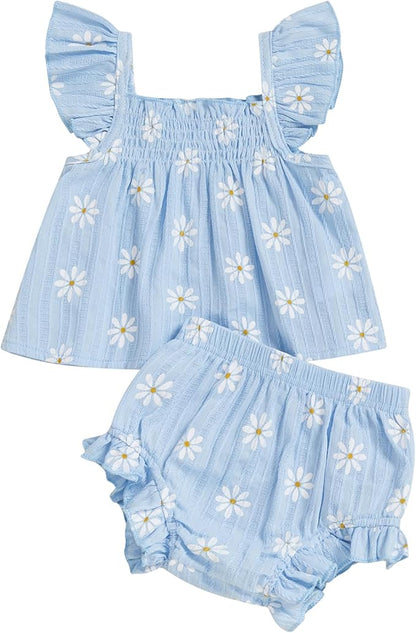Mubineo Baby Girl Summer Clothes Cute Ruffle Tops Dress Shorts Outfits Set Infant Toddler Shrit Bloomers Princess Outfit