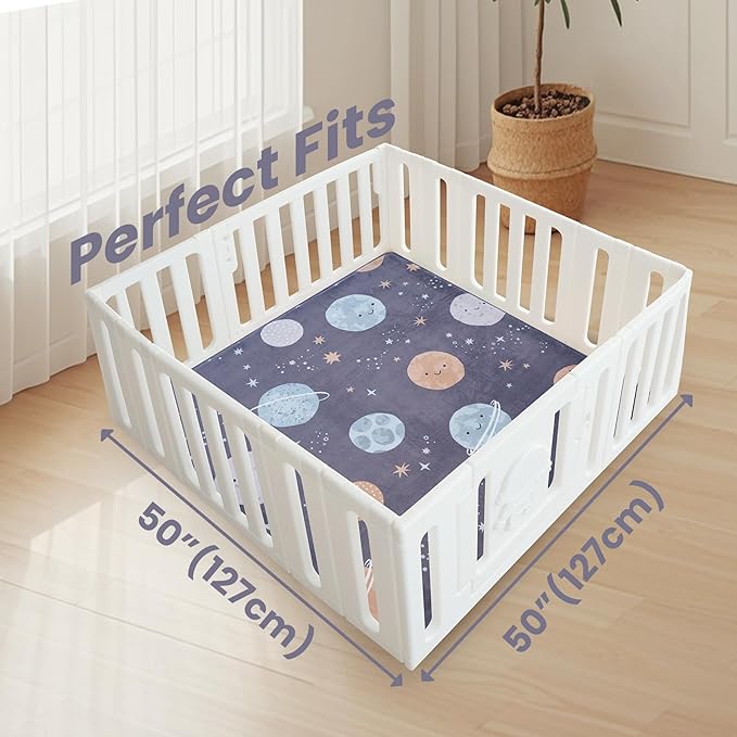 Baby Play Mat for Floor,1.3" Thick Cushioned Playpen Mat 50"x50",Extra Soft Elasti-Foam,Water Repellent Coral Velvet,Non-Slip for Crawling&Tummy Time,Infant Toddler Kids Nursery Rug(Space)