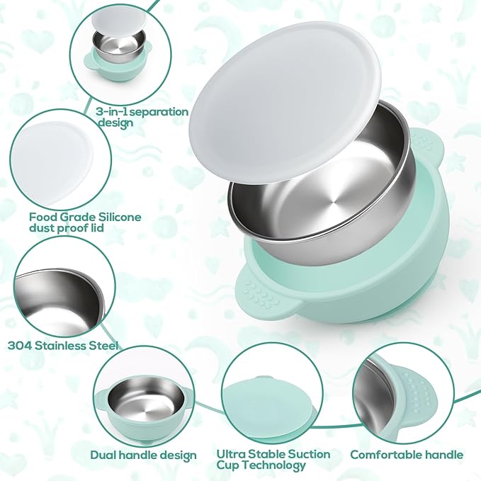 Mity rain Stainless Steel & Silicone Toddler Plates and Bowls Set with Suction,10-Piece Suction Plates & Bowls for Toddler,Removable Shell,Silicones Baby Plates for Independent Eating.