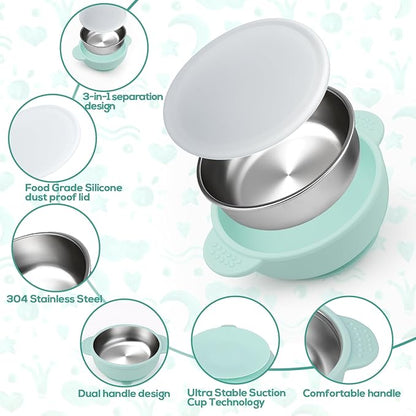 Mity rain Stainless Steel & Silicone Toddler Plates and Bowls Set with Suction,10-Piece Suction Plates & Bowls for Toddler,Removable Shell,Silicones Baby Plates for Independent Eating.