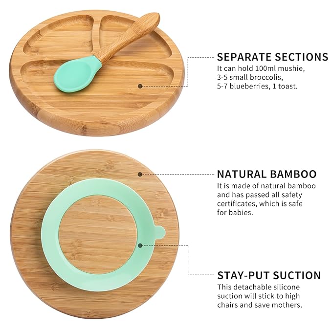 Baby Bamboo Suction Plate, Bowl and Spoon Set, Wooden Feeding Set for Toddler 1-3 Year Old, Silicone Suction Sticks to Most High Chairs for Non Slip & Silicone Spoon Tips with Wood Handle