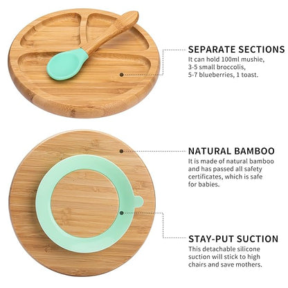 Baby Bamboo Suction Plate, Bowl and Spoon Set, Wooden Feeding Set for Toddler 1-3 Year Old, Silicone Suction Sticks to Most High Chairs for Non Slip & Silicone Spoon Tips with Wood Handle