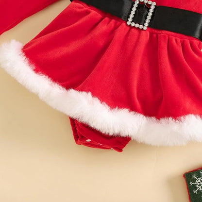Newborn Infant Baby Girl Christmas Clothes Santa Claus Romper Dress Fur Trim Velvet Jumpsuit Bodysuit Hat Costume