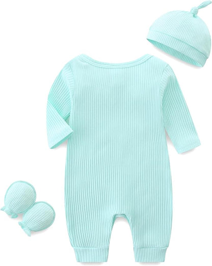 Baby Romper with Baby Mittens & Newborn Hats Footless Long Sleeve Solid Onesie Hi Im New Here