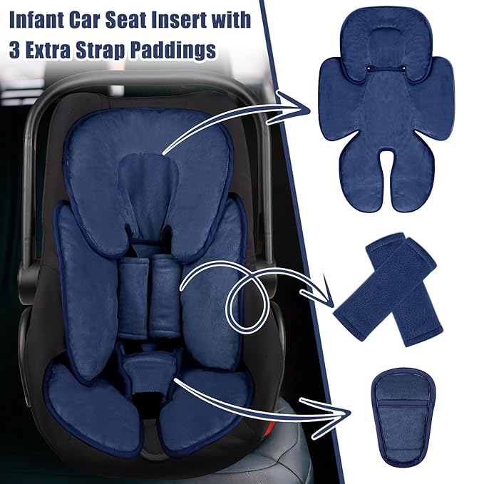 2 in 1 Infant Car Seat Insert Head and Body Support Set, Reversible Newborn Insert for Carseat with 3 Extra Strap Paddings, Soft Stroller Cushion Pillow Insert Girls, Fits for Stroller, Swing, Blue