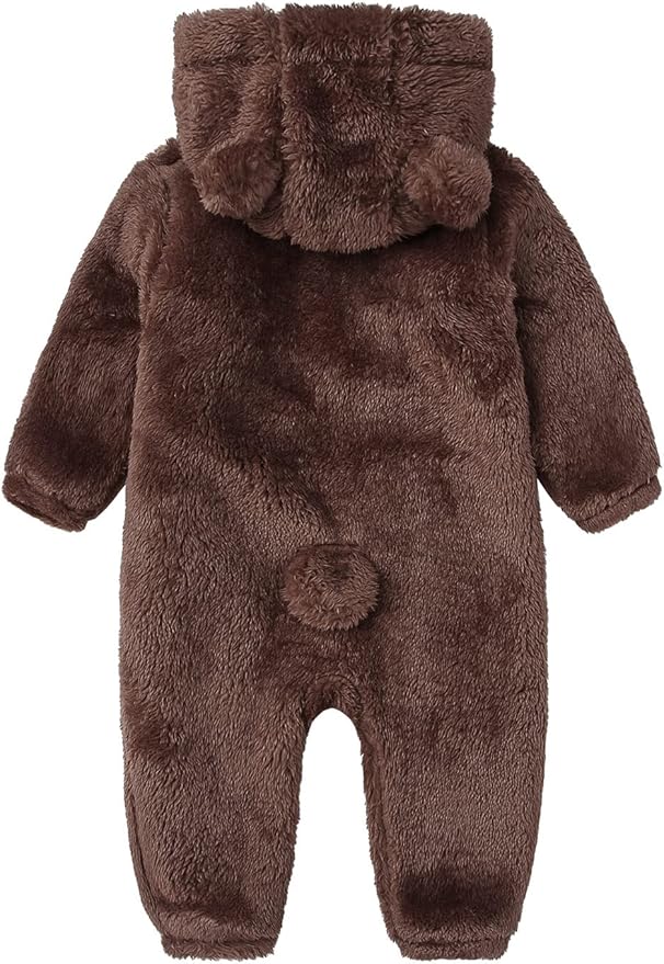 Baby Furry Jumpsuit Infant Bear Onesies Zipper Long Sleeve One-Piece Romper Hoodie Baby Outwear Snowsuit