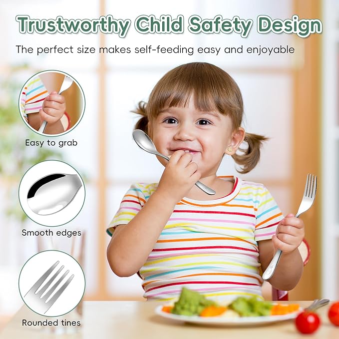 10 Pieces Stainless Steel Toddler Utensils Set - Food Grade Kids Silverware Set Children Safe Small Forks and Spoons Mirror Polished Sturdy and Durable Dishwasher Safe