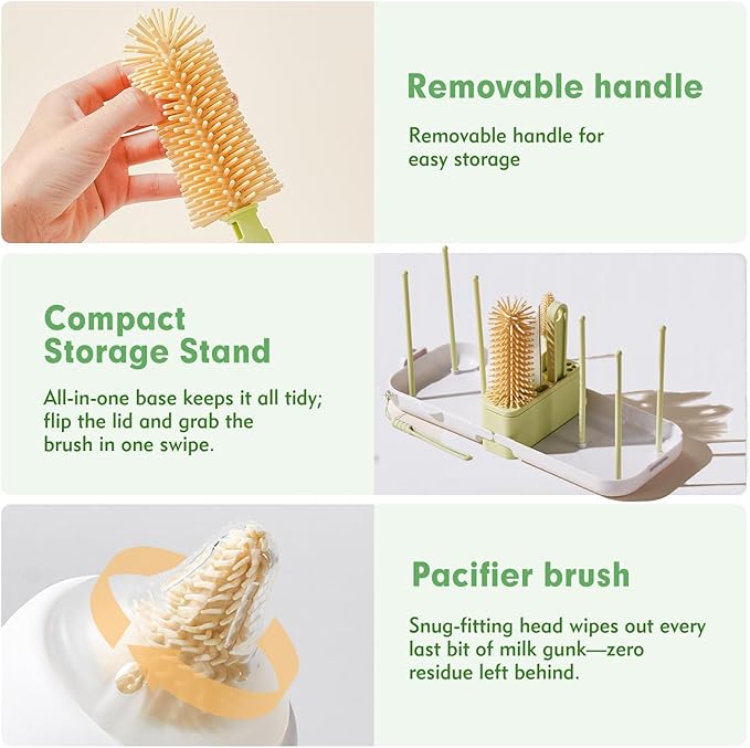 Baby Bottle Brush Set - Baby Bottle Cleaner Kit with Nipple Brush, Silicone Bottle Brush, Straw Cleaner Brush, Soap Dispenser, Bottle Drying Rack - 7 in 1 Bottle Cleaning Tool Set for Home and Travel