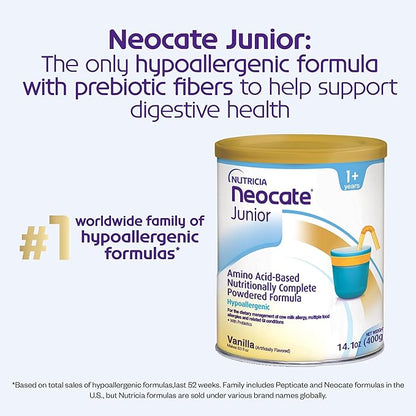 Nutricia Neocate Junior - Hypoallergenic, Dairy-free, Amino Acid-Based Formula for 1+ Years - For Toddlers, Kids & Teens - Powdered Formula- Vanilla - 14.1 oz can (Case of 1)