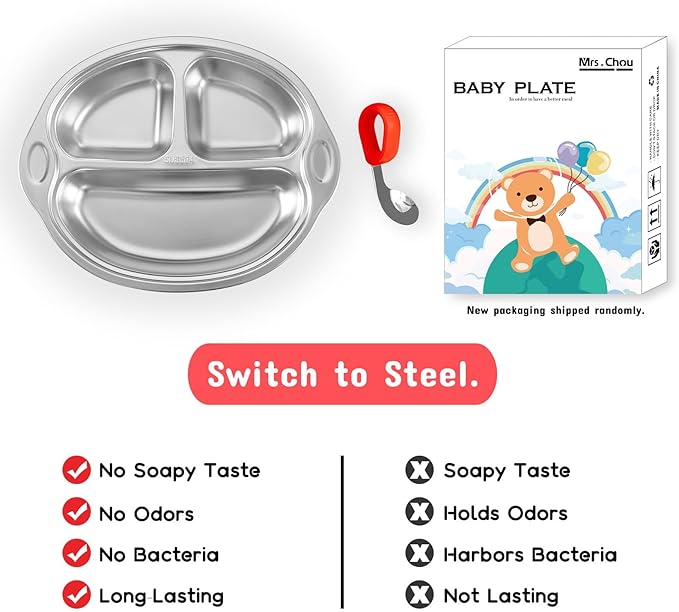 Mrs. Chou® Stainless Steel Baby Suction Plates: Divided Plates for Babies & Toddlers, BPA-Free, Dishwasher Safe, Red